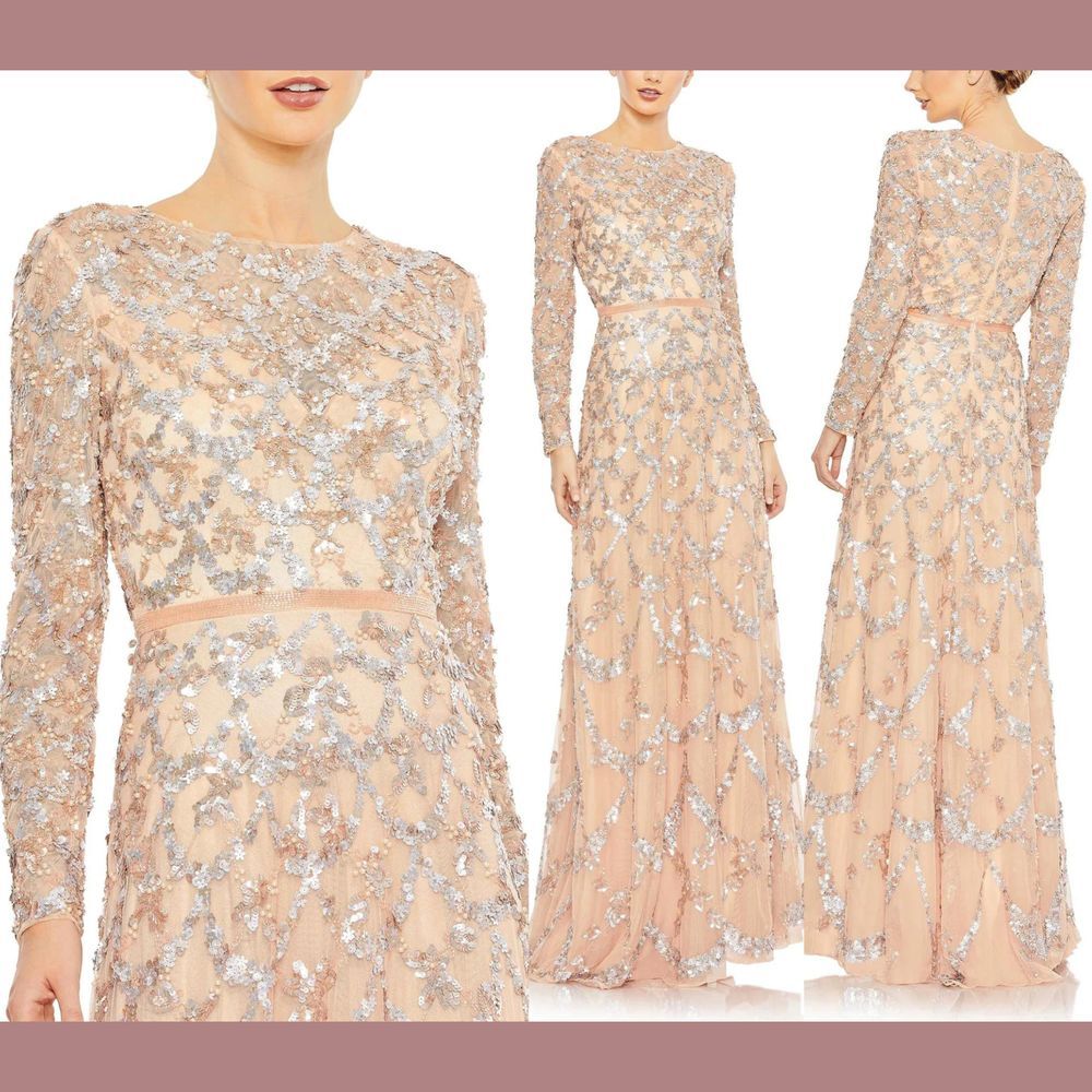 NWT $698 Mac Duggal [ 10‎ ] 5496 Embellished Long Sleeve A-Line Gown Blush Pink